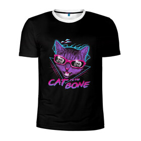 Мужская футболка 3D спортивная с принтом Cat To The Bone в Курске, 100% полиэстер с улучшенными характеристиками | приталенный силуэт, круглая горловина, широкие плечи, сужается к линии бедра | 80 | bone | bones | cat | cyber | game | hotline | hotlinemiami | maiami | music | outrun | retro | retrowave | skull | synth | synthwave | игра | кибер | кот | кошка | ретро | череп