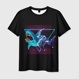 Мужская футболка 3D с принтом Shark в Курске, 100% полиэфир | прямой крой, круглый вырез горловины, длина до линии бедер | 80 | cyber | dark | game | hotline | hotlinemiami | maiami | moon | music | outrun | retro | retrowave | shark | synth | synthwave | акула | игра | кибер | луна | море | ночь | океан | ретро