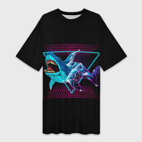 Платье-футболка 3D с принтом Shark в Курске,  |  | 80 | cyber | dark | game | hotline | hotlinemiami | maiami | moon | music | outrun | retro | retrowave | shark | synth | synthwave | акула | игра | кибер | луна | море | ночь | океан | ретро