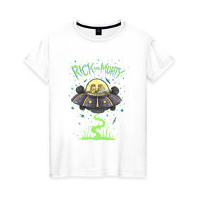 Женская футболка хлопок с принтом Rick and Morty on a spaceship в Курске, 100% хлопок | прямой крой, круглый вырез горловины, длина до линии бедер, слегка спущенное плечо | Тематика изображения на принте: spaceship | vdgerir | космический корабль | нло | тарелка