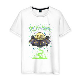 Мужская футболка хлопок с принтом Rick and Morty on a spaceship в Курске, 100% хлопок | прямой крой, круглый вырез горловины, длина до линии бедер, слегка спущенное плечо. | spaceship | vdgerir | космический корабль | нло | тарелка