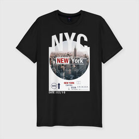 Мужская футболка премиум с принтом New York City в Курске, 92% хлопок, 8% лайкра | приталенный силуэт, круглый вырез ворота, длина до линии бедра, короткий рукав | Тематика изображения на принте: new york | usa | америка | города | нью йорк | страны | сша | туризм | туристические