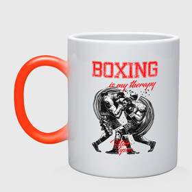 Кружка хамелеон с принтом Boxing is my therapy в Курске, керамика | меняет цвет при нагревании, емкость 330 мл | boxing | mike tyson | my therapy | бокс | майк тайсон