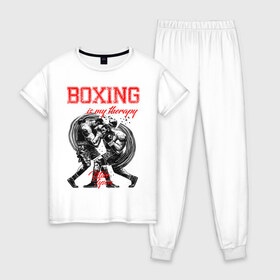 Женская пижама хлопок с принтом Boxing is my therapy в Курске, 100% хлопок | брюки и футболка прямого кроя, без карманов, на брюках мягкая резинка на поясе и по низу штанин | boxing | mike tyson | my therapy | бокс | майк тайсон