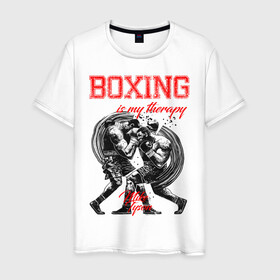 Мужская футболка хлопок с принтом Boxing is my therapy в Курске, 100% хлопок | прямой крой, круглый вырез горловины, длина до линии бедер, слегка спущенное плечо. | boxing | mike tyson | my therapy | бокс | майк тайсон