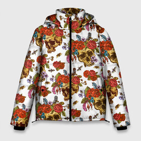 Мужская зимняя куртка 3D с принтом Skulls and Roses в Курске, верх — 100% полиэстер; подкладка — 100% полиэстер; утеплитель — 100% полиэстер | длина ниже бедра, свободный силуэт Оверсайз. Есть воротник-стойка, отстегивающийся капюшон и ветрозащитная планка. 

Боковые карманы с листочкой на кнопках и внутренний карман на молнии. | Тематика изображения на принте: flowers | halloween | rose | skull | tattoo | жуки | насекомые | роза | тату | татуировка | хеллоуин | хэллоуин | цветок | цветы | череп