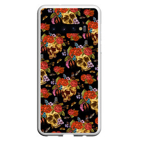 Чехол для Samsung Galaxy S10 с принтом Skulls and Roses в Курске, Силикон | Область печати: задняя сторона чехла, без боковых панелей | flowers | halloween | rose | skull | tattoo | жуки | насекомые | роза | тату | татуировка | хеллоуин | хэллоуин | цветок | цветы | череп