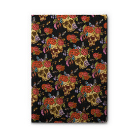 Обложка для автодокументов с принтом Skulls and Roses в Курске, натуральная кожа |  размер 19,9*13 см; внутри 4 больших “конверта” для документов и один маленький отдел — туда идеально встанут права | Тематика изображения на принте: flowers | halloween | rose | skull | tattoo | жуки | насекомые | роза | тату | татуировка | хеллоуин | хэллоуин | цветок | цветы | череп