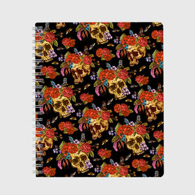 Тетрадь с принтом Skulls and Roses в Курске, 100% бумага | 48 листов, плотность листов — 60 г/м2, плотность картонной обложки — 250 г/м2. Листы скреплены сбоку удобной пружинной спиралью. Уголки страниц и обложки скругленные. Цвет линий — светло-серый
 | flowers | halloween | rose | skull | tattoo | жуки | насекомые | роза | тату | татуировка | хеллоуин | хэллоуин | цветок | цветы | череп