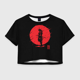 Женская футболка Cropp-top с принтом Samurai в Курске, 100% полиэстер | круглая горловина, длина футболки до линии талии, рукава с отворотами | ahegao | anime | blood | japan | samurai | senpai | warior | аниме | ахегао | воин | катана | кровавая | кровавый | кровь | луна | самураи | самурай | семпай | сенпай | солнце | япония