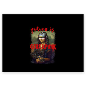 Поздравительная открытка с принтом Cyberpunk Mona Lisa в Курске, 100% бумага | плотность бумаги 280 г/м2, матовая, на обратной стороне линовка и место для марки
 | Тематика изображения на принте: 2077 | cyberpunk | cyberpunk 2077 | game | keanu reeves | lisa | mona | samurai | игра | искуство | картина | киану ривз | кибер | киберпанк | киборг | лиза | мона | робот | самураи