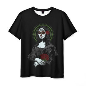 Мужская футболка 3D с принтом Mona Lisa - Santa Muerte в Курске, 100% полиэфир | прямой крой, круглый вырез горловины, длина до линии бедер | dead | death | lisa | mona | muerte | muertos | santa | день | искуство | картина | лиза | мона | муэрте | муэртес | муэртос | роза | розы | санта | тату | татуировка | цветы | череп