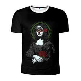 Мужская футболка 3D спортивная с принтом Mona Lisa - Santa Muerte в Курске, 100% полиэстер с улучшенными характеристиками | приталенный силуэт, круглая горловина, широкие плечи, сужается к линии бедра | dead | death | lisa | mona | muerte | muertos | santa | день | искуство | картина | лиза | мона | муэрте | муэртес | муэртос | роза | розы | санта | тату | татуировка | цветы | череп