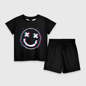 Детский костюм с шортами 3D с принтом Glitch Smile в Курске,  |  | Тематика изображения на принте: art | glitch | smile | арт | глитч | глич | картинка | картинки | мода | прикольная | прикольные | смайл | смайли | смайлик | тренд | тренды