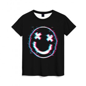 Женская футболка 3D с принтом Glitch Smile в Курске, 100% полиэфир ( синтетическое хлопкоподобное полотно) | прямой крой, круглый вырез горловины, длина до линии бедер | art | glitch | smile | арт | глитч | глич | картинка | картинки | мода | прикольная | прикольные | смайл | смайли | смайлик | тренд | тренды