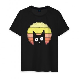 Мужская футболка хлопок с принтом Винтажный Котик в Курске, 100% хлопок | прямой крой, круглый вырез горловины, длина до линии бедер, слегка спущенное плечо. | cat | retro | sunset | vintage | винтаж | кот | котики | коты | кошка | кошки | ретро