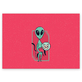 Поздравительная открытка с принтом Пришелец с Котом в Курске, 100% бумага | плотность бумаги 280 г/м2, матовая, на обратной стороне линовка и место для марки
 | alien | cat | kitten | kitty | ufo | инопланетяне | инопланетянин | кот | котик | кошка | нло | пришелец | пришельцы