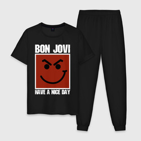 Мужская пижама хлопок с принтом Bon Jovi в Курске, 100% хлопок | брюки и футболка прямого кроя, без карманов, на брюках мягкая резинка на поясе и по низу штанин
 | bon jovi | john | альбом | арена | бон | бон джови | глэм | группа | джови | джон | метал | музыка | надпись | песни | поп | попрок | рок | рокер | смайл | солист | софт | стена | хард | хеви | хевиметал