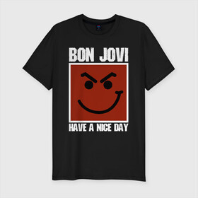 Мужская футболка хлопок Slim с принтом Bon Jovi в Курске, 92% хлопок, 8% лайкра | приталенный силуэт, круглый вырез ворота, длина до линии бедра, короткий рукав | bon jovi | john | альбом | арена | бон | бон джови | глэм | группа | джови | джон | метал | музыка | надпись | песни | поп | попрок | рок | рокер | смайл | солист | софт | стена | хард | хеви | хевиметал