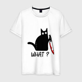 Мужская футболка хлопок с принтом What cat в Курске, 100% хлопок | прямой крой, круглый вырез горловины, длина до линии бедер, слегка спущенное плечо. | cat | kitten | knife | what | кот | котёнок | кошка | кровь | нож | что