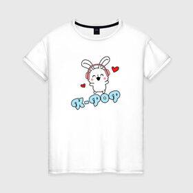 Женская футболка хлопок с принтом K-Pop Cute Kawaii Bunny в Курске, 100% хлопок | прямой крой, круглый вырез горловины, длина до линии бедер, слегка спущенное плечо | Тематика изображения на принте: bts | k pop | korean | music | pop | twice | txt | зая | заяц | корейский | корея | кролик | лапочка | милый | мимими | музыка | поп