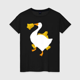 Женская футболка хлопок с принтом ЗЛОЙ ГУСТЬ С КОЛОКОЛЬЧИКОМ в Курске, 100% хлопок | прямой крой, круглый вырез горловины, длина до линии бедер, слегка спущенное плечо | meme | untitled goose game | злой гусь | мем | птица