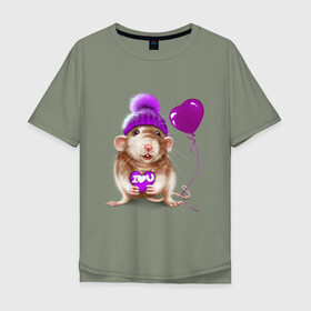 Мужская футболка хлопок Oversize с принтом Крыска с шариком в Курске, 100% хлопок | свободный крой, круглый ворот, “спинка” длиннее передней части | heart | lovely | крыса | крыска | любовь | мими | романтика | сердечки | сердце | шарик
