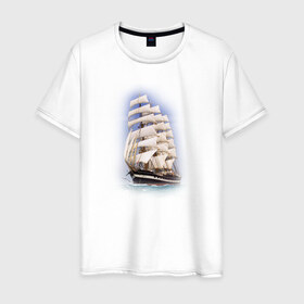 Мужская футболка хлопок с принтом Корабль в Курске, 100% хлопок | прямой крой, круглый вырез горловины, длина до линии бедер, слегка спущенное плечо. | корабль | море | рисунок