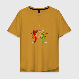Мужская футболка хлопок Oversize с принтом Веселый Кактус и Перец Чили в Курске, 100% хлопок | свободный крой, круглый ворот, “спинка” длиннее передней части | гитара | кактусы | маракасы | мексика | музыкальный инструмент | перец | перец чили | рисунок | самбреро