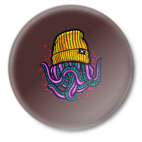 Значок с принтом Octopus(Lil Peep, GBC) в Курске,  металл | круглая форма, металлическая застежка в виде булавки | gbc | lil | peep | rap | rock | бордовый | желтый | зеленый | исполнитель | картинка | надпись на спине | осьминог | редактируемый дизайн | рок | рэп | рэпер | сочный цвет | фиолетовый
