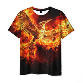 Мужская футболка 3D с принтом Феникс в огне в Курске, 100% полиэфир | прямой крой, круглый вырез горловины, длина до линии бедер | fire | flame | phoenix | крылья | огонь | перья | пламя | птица | феникс