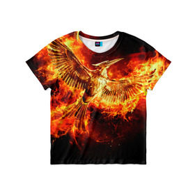 Детская футболка 3D с принтом Феникс в огне в Курске, 100% гипоаллергенный полиэфир | прямой крой, круглый вырез горловины, длина до линии бедер, чуть спущенное плечо, ткань немного тянется | Тематика изображения на принте: fire | flame | phoenix | крылья | огонь | перья | пламя | птица | феникс