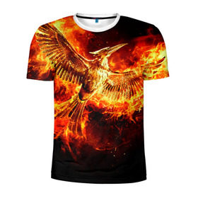 Мужская футболка 3D спортивная с принтом Феникс в огне в Курске, 100% полиэстер с улучшенными характеристиками | приталенный силуэт, круглая горловина, широкие плечи, сужается к линии бедра | fire | flame | phoenix | крылья | огонь | перья | пламя | птица | феникс