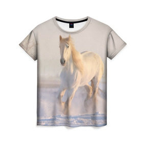 Женская футболка 3D с принтом Белая лошадь на снегу в Курске, 100% полиэфир ( синтетическое хлопкоподобное полотно) | прямой крой, круглый вырез горловины, длина до линии бедер | белая | белый | декабрь | животное | животные | звери | зверь | зима | зимний | зимой | кони | конь | копытные | копытный | лошади | лошадь | снег | снега | снегу | снежный | февраль | январь