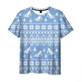 Мужская футболка 3D с принтом Вязаный свитер с лыжниками в Курске, 100% полиэфир | прямой крой, круглый вырез горловины, длина до линии бедер | Тематика изображения на принте: горы | зима | лыжи | природа | снег | спорт