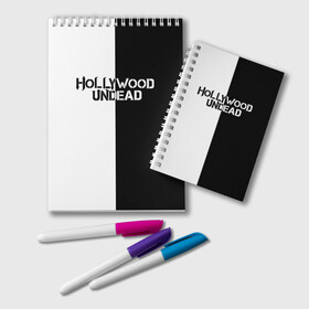 Блокнот с принтом HOLLYWOOD UNDEAD в Курске, 100% бумага | 48 листов, плотность листов — 60 г/м2, плотность картонной обложки — 250 г/м2. Листы скреплены удобной пружинной спиралью. Цвет линий — светло-серый
 | deuce | hollywood undead | hu | j dog | shady jeff | голивудская нежить | голливуд | даниэль мурильо | джордан террелл | джордж артур рейган | дилан альварес | мэттью сент клер | нежить