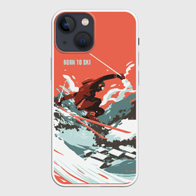 Чехол для iPhone 13 mini с принтом BORN TO SKI в Курске,  |  | горы | зима | лыжи | природа | снег | спорт