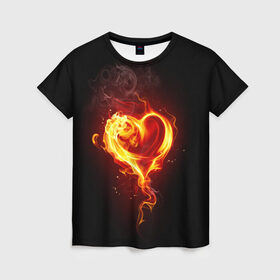 Женская футболка 3D с принтом Огненное сердце в Курске, 100% полиэфир ( синтетическое хлопкоподобное полотно) | прямой крой, круглый вырез горловины, длина до линии бедер | 14 февраля | heart | в подарок | горящее | день святого валентина | для влюбленных | для подарка | огненный | огонь | сердце