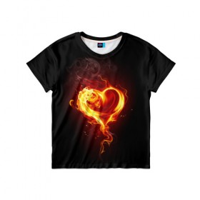 Детская футболка 3D с принтом Огненное сердце в Курске, 100% гипоаллергенный полиэфир | прямой крой, круглый вырез горловины, длина до линии бедер, чуть спущенное плечо, ткань немного тянется | 14 февраля | heart | в подарок | горящее | день святого валентина | для влюбленных | для подарка | огненный | огонь | сердце