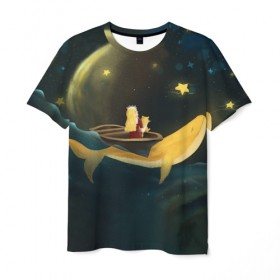 Мужская футболка 3D с принтом Девушка и кит в облаках в Курске, 100% полиэфир | прямой крой, круглый вырез горловины, длина до линии бедер | Тематика изображения на принте: вечер | волшебство | девочка | звезды | иллюстрация | кит | космос | магия | небо | ночь | облака | планета