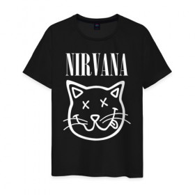 Мужская футболка хлопок с принтом NIRVANA в Курске, 100% хлопок | прямой крой, круглый вырез горловины, длина до линии бедер, слегка спущенное плечо. | Тематика изображения на принте: cat | kitty | nirvana | smile | кот | курт кобейн | нирвана | смайл