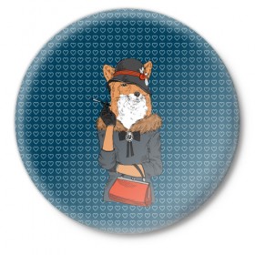 Значок с принтом Модница лиса в Курске,  металл | круглая форма, металлическая застежка в виде булавки | fox | foxy | животное | зима | лис | лиса | лисенок | лисы | милая | пальто | пушистая | пушистик | рыжая