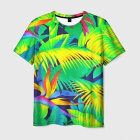 Мужская футболка 3D с принтом ТРОПИКИ в Курске, 100% полиэфир | прямой крой, круглый вырез горловины, длина до линии бедер | bright | colorful | neon | retro | vintage | винтаж | неон | неоновые | пальмы | ретро | ретро неон | тропики | тропические листья