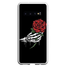 Чехол для Samsung Galaxy S10 с принтом Рука скелета с розой в Курске, Силикон | Область печати: задняя сторона чехла, без боковых панелей | Тематика изображения на принте: core | hand | hardcore | skeleton | tatoo | роза | романтика | рука | скелет | тату | цветок | черный фон