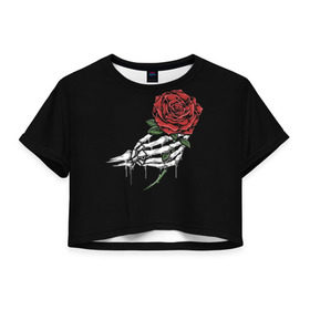 Женская футболка Cropp-top с принтом Рука скелета с розой в Курске, 100% полиэстер | круглая горловина, длина футболки до линии талии, рукава с отворотами | core | hand | hardcore | skeleton | tatoo | роза | романтика | рука | скелет | тату | цветок | черный фон