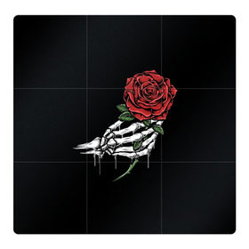Магнитный плакат 3Х3 с принтом Рука скелета с розой в Курске, Полимерный материал с магнитным слоем | 9 деталей размером 9*9 см | core | hand | hardcore | skeleton | tatoo | роза | романтика | рука | скелет | тату | цветок | черный фон