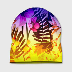 Шапка 3D с принтом FLOWER NEON в Курске, 100% полиэстер | универсальный размер, печать по всей поверхности изделия | bright | colorful | neon | retro | vintage | винтаж | неон | неоновые | пальмы | ретро | ретро неон | тропики | тропические листья