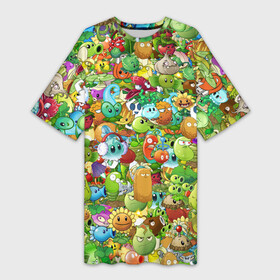 Платье-футболка 3D с принтом PLANTS VS ZOMBIES в Курске,  |  | game | gamer | pattern | plants vs zombies | sticker | зомби | игры | паттерн | растения | растения против зомби | стикеры