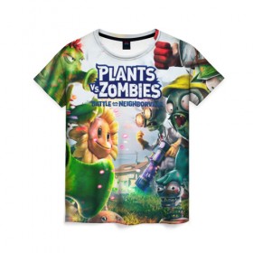 Женская футболка 3D с принтом Plants vs Zombies. в Курске, 100% полиэфир ( синтетическое хлопкоподобное полотно) | прямой крой, круглый вырез горловины, длина до линии бедер | plants vs zombies | pvz | зомби | игра | растения | растения против зомби