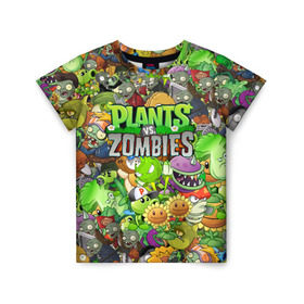 Детская футболка 3D с принтом PLANTS VS ZOMBIES в Курске, 100% гипоаллергенный полиэфир | прямой крой, круглый вырез горловины, длина до линии бедер, чуть спущенное плечо, ткань немного тянется | Тематика изображения на принте: battle | plants | plants vs zombies | pvsz | vs | zombies | растения против зомби